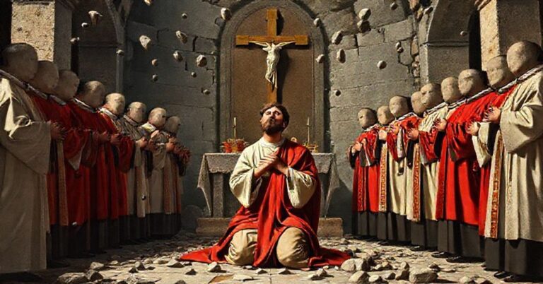 Św. Szczepan na kolanach modli się w chwili męczennictwa, otoczony przez współczesnych duchownych w kardynalskich szatach.