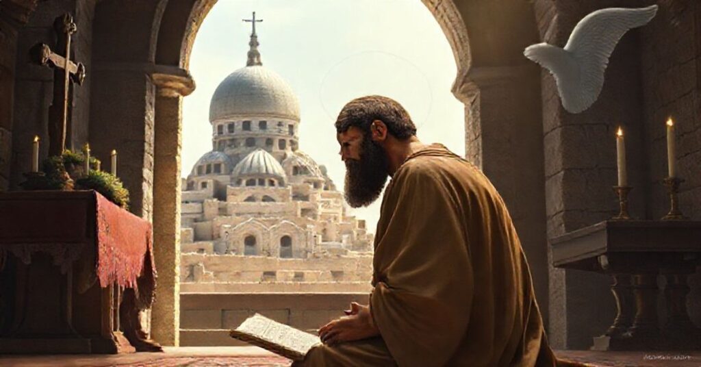 Obraz przedstawiający św. Szczepana na kolanach w modlitwie przed tradycyjnym katolickim ołtarzem z krzyżem i świecznikami. Na tle widoczna jest starożytna kamienna budowla bazyliki w Jerozolimie symbolizująca prawdziwą wiarę.
