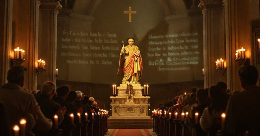 Tradycyjna wyznawczy obraz przedstawiający św. Szczepana Męczennika w kościele z tradycyjnymi katolikami modlącymi się w tle i niejasnym obrazem nowoczesnego modernisty