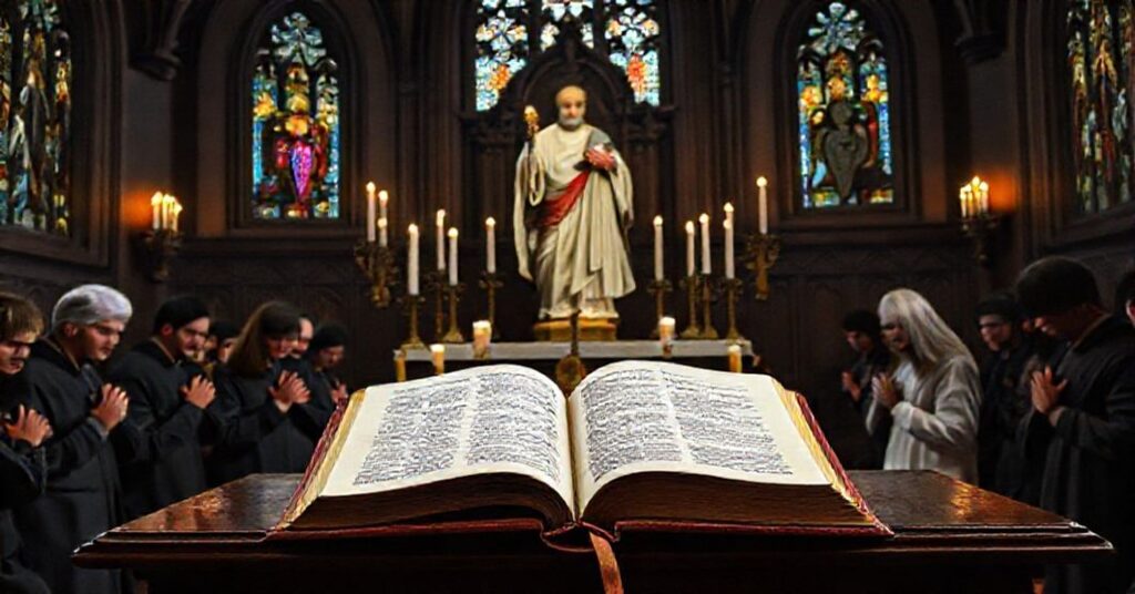 Ołtarz katolicki z rzeźbą św. Tomasza Apostoła otoczony przez modlących się wiernych w ciemnym kościele gotyckim