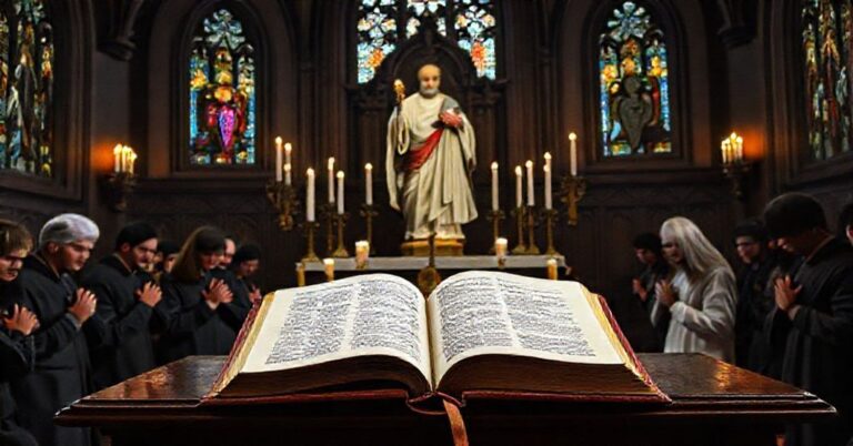 Ołtarz katolicki z rzeźbą św. Tomasza Apostoła otoczony przez modlących się wiernych w ciemnym kościele gotyckim