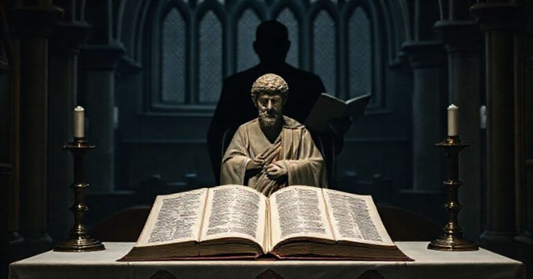 Ołtarz katolicki z rzeźbą św. Tomasza z Akwinu i otwartym egzemplarzem jego Summy Teologicznej w tle. Postać Johna Henry'ego Newmana jest słabo widoczna z jego "Rozwinięciem Chrześcijańskiej Doktryny", symbolizującą infiltrację nowomodnych herezji do tradycyjnej nauki Kościoła.