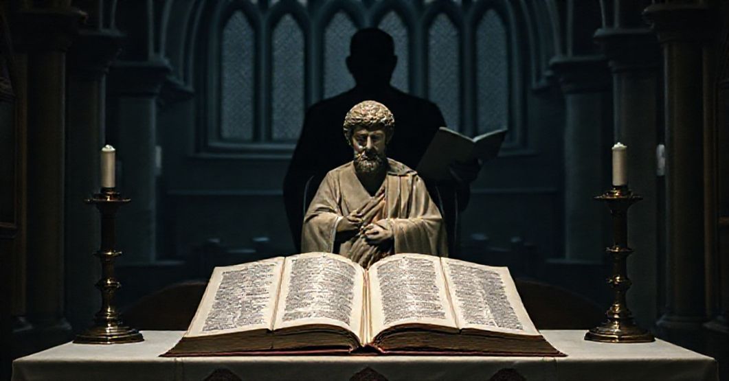 Ołtarz katolicki z rzeźbą św. Tomasza z Akwinu i otwartym egzemplarzem jego Summy Teologicznej w tle. Postać Johna Henry'ego Newmana jest słabo widoczna z jego "Rozwinięciem Chrześcijańskiej Doktryny", symbolizującą infiltrację nowomodnych herezji do tradycyjnej nauki Kościoła.