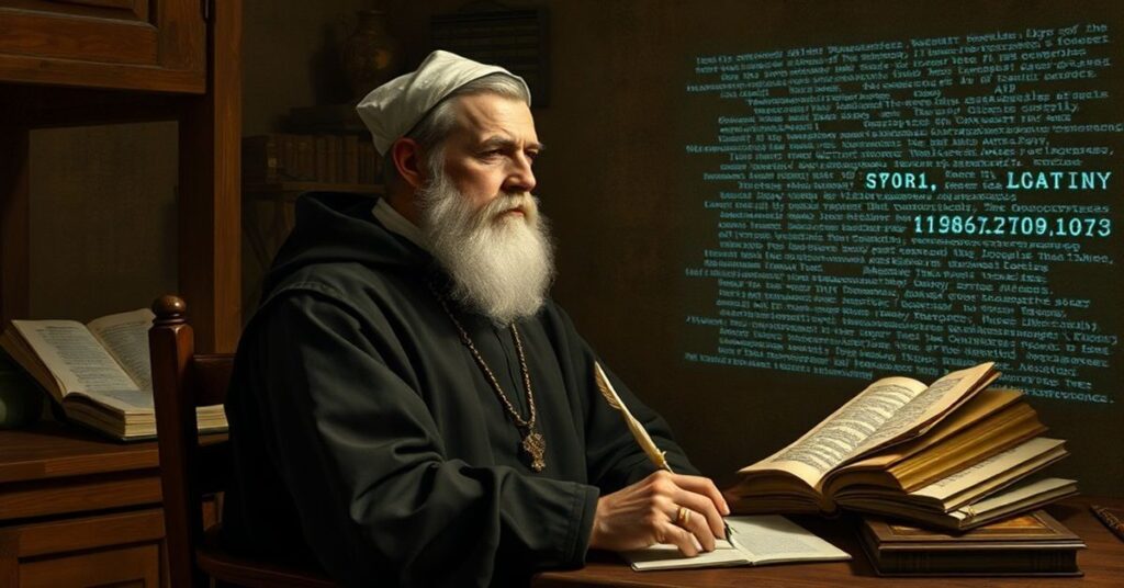 Portret św. Tomasza z Akwinu w tradycyjnym stroju dominikańskim, rozmyślony obraz interfejsu sztucznej inteligencji tła na starodawne manocripty