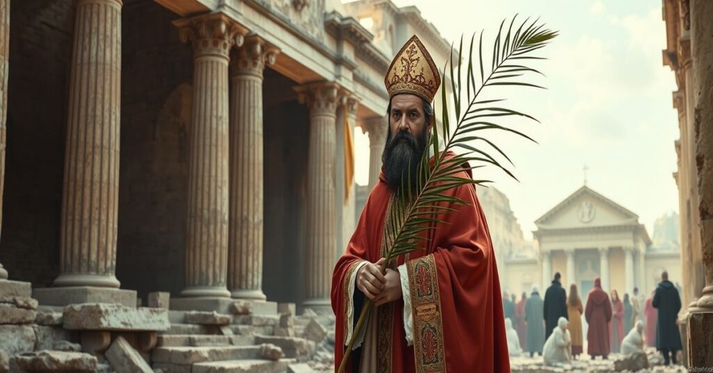 Św. Walenty w pełnym ornaty biskupiej stoi przed ruinom pogańskich świątyń rzymskich, trzymając palemę męczennika. W tle pielgrzymi modlą się przy bazylice w Terni.