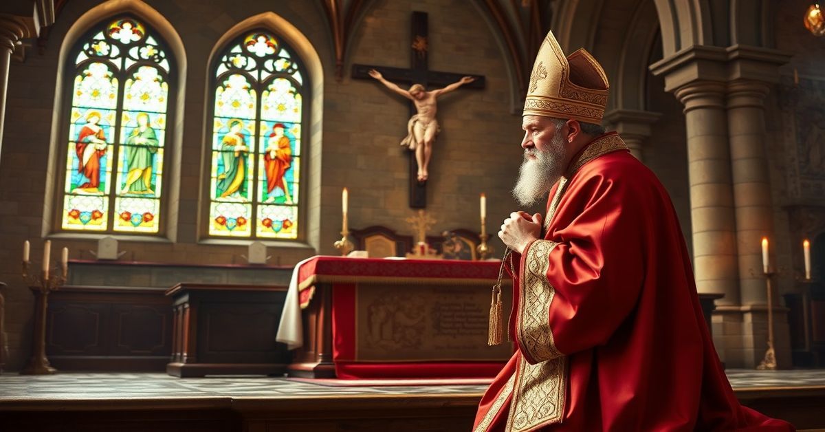 Realistyczny portret św. Wojciecha w biskupich szatach modlącego się przed tradycyjnym katoliczkim ołtarzem