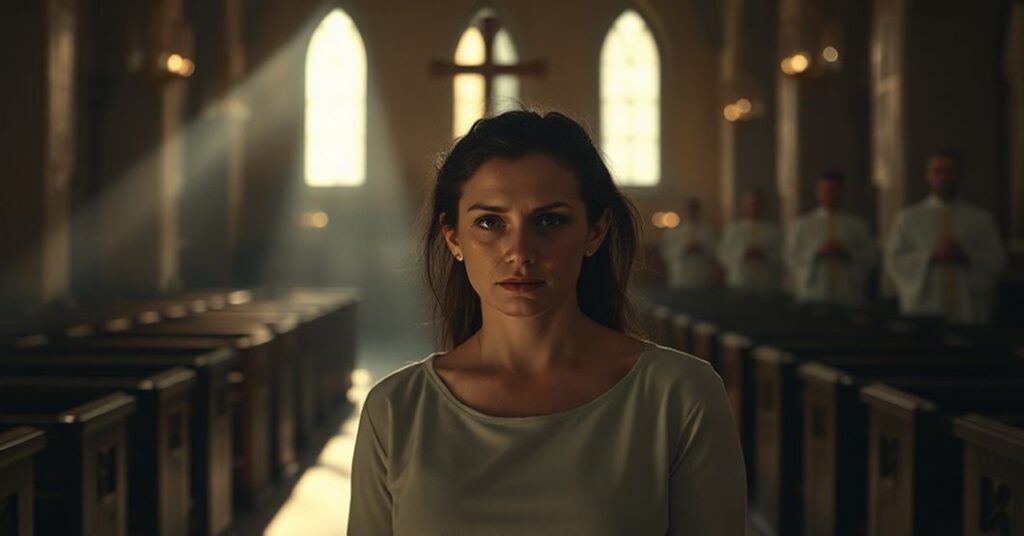 Ciemna wnętrza kościoła z pustym ołtarzem i Rachel Mastrogiacomo wyrażającą żałobę