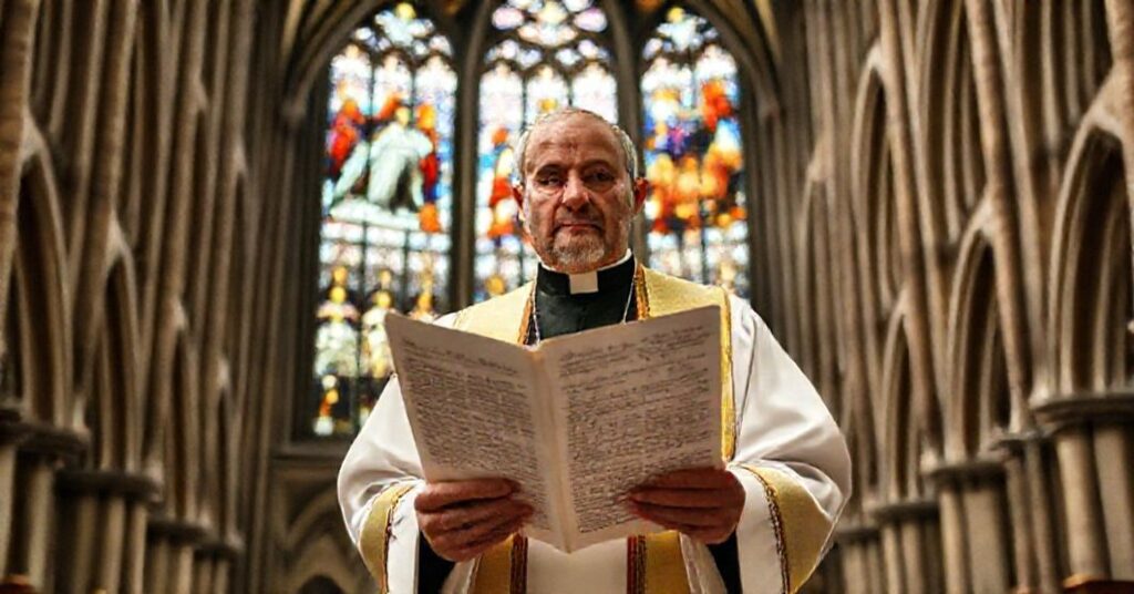 Kleryk w tradycyjnym stroju liturgicznym w katedrze z oknami witrażowymi przedstawiającymi Chrystusa Króla
