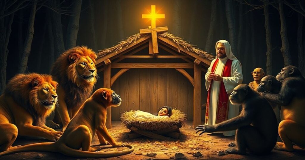 Tradycyjna szopka bożonarodzeniowa otoczona zwierzętami słuchającymi koncertu z muzyką świecką. Przystraszony kapłan w tradycyjnych szatach stoi obok.