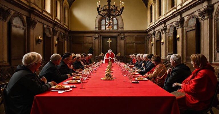 Mroczna scenografia świątecznego obiadu dla potrzebujących w Palazzo Migliori z fałszywym kardynałem Krajewskim i ekumeniczną Wspólnotą św. Idziego bez obecności kapłanów i sakramentów.