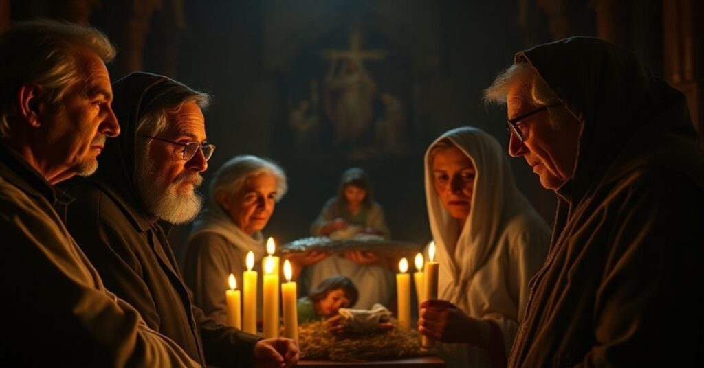 Tradycyjna katolicka rodzina modli się w ciemnym kościele przy światełkach, refleksując nad apostazją w Kościele