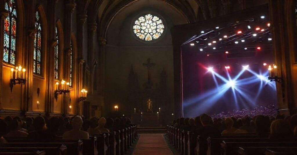 Wnętrze kościoła katolickiego z tradycyjnymi świecami i witrażami w tle, kontrastujące z moderną sceną operową ze sztucznym oświetleniem.