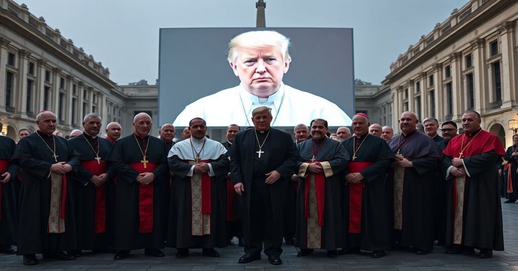 Grupa biskupów w nowoczesnych ornatach wspierających mężczyznę przebranego za 'papieża' Leona XIV na Placu św. Piotra w Rzymie, z twarzą Donalda Trumpa rzuconą na ekran za nimi.