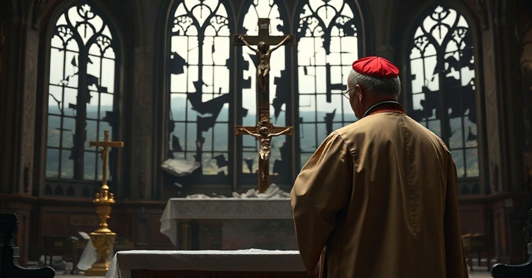 Ksiądz w tradycyjnych szatach liturgicznych stoi przed zniszczonym ołtarzem, trzymając krucyfiks, z widokiem zburzonego kościoła i wojennego pejzażu przez okno. Wysoka jakość zdjęcia.