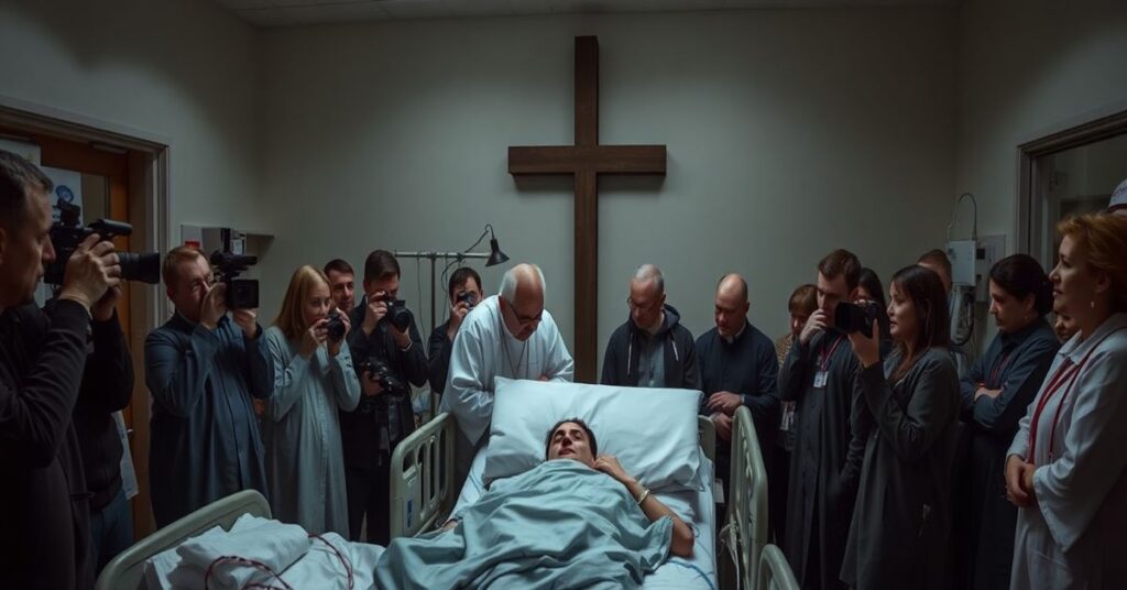 Realistyczny obraz pokoju szpitalnego z "biskupem" Romualdem Kamińskim i personellem medycznym podczas Światowego Dnia Chorego.