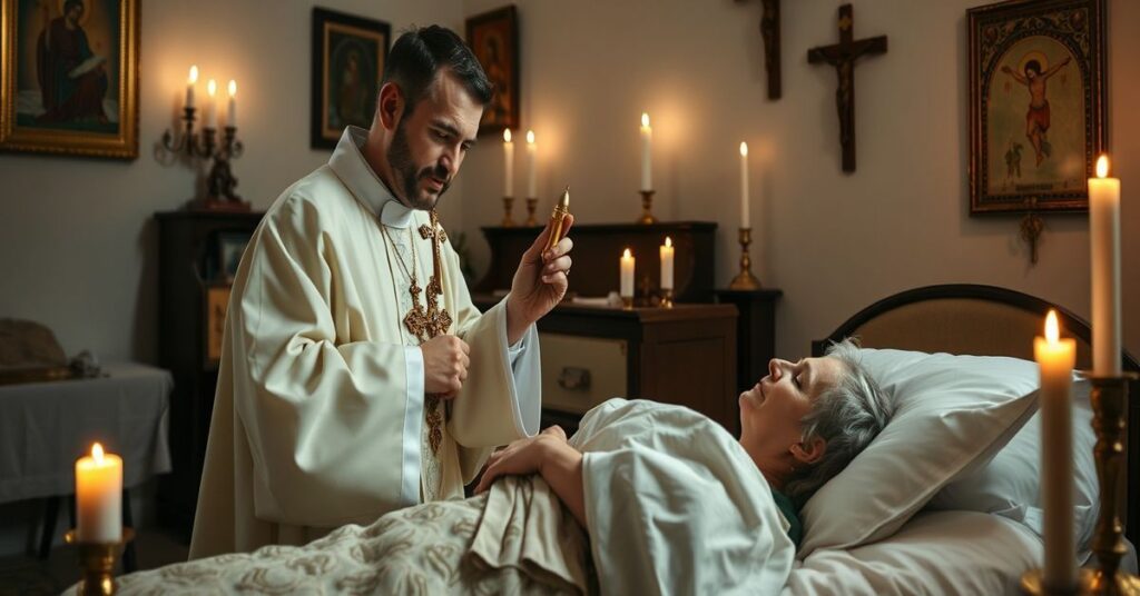Tradycyjny katolicki obraz przedstawiający XXXIV Światowy Dzień Chorego z kapłanem udzielającym namaszczenia chorych chorej osobie w pokoju oświetlonym świecami