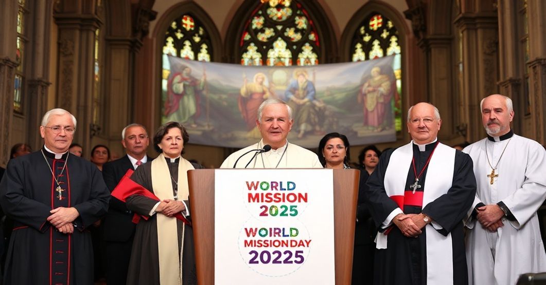 Soborowe biskupi i kler w stroju ceremonialnym podczas konferencji prasowej na Światowy Dzień Misyjny 2025 w kościele z witrażami przedstawiającymi prawdziwą ewangelizację.