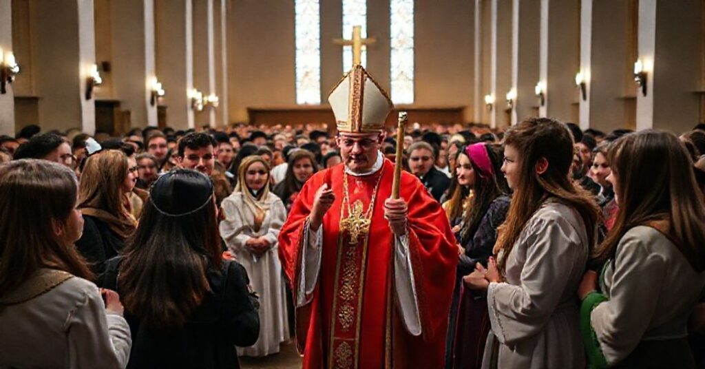 Grupa młodych ludzi w tradycyjnych strojach religijnych podczas Światowego Dnia Młodzieży w diecezji legnickiej.