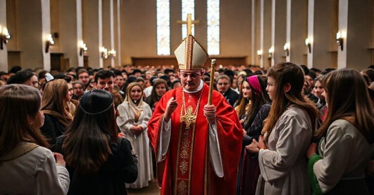 Grupa młodych ludzi w tradycyjnych strojach religijnych podczas Światowego Dnia Młodzieży w diecezji legnickiej.