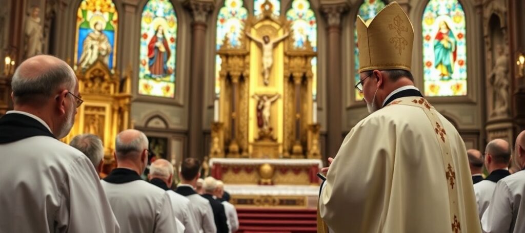 Uroczystość święceń kapłańskich w Bazylice Trójcy Świętej w Krakowie z biskupem Damianem Muskusem i trzema dominikanami.