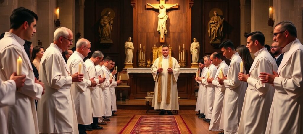 Święcenia kapłańskie w tradycyjnym kościele katolickim, biskup Michael Martin udziela sakramentu kapłaństwa dziesięciu mężczyznom.