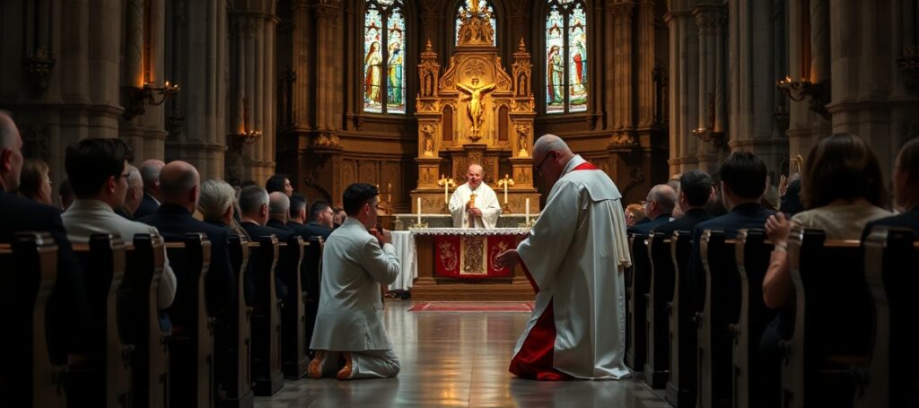 Obraz przedstawiający tradycyjną katolicką uroczystość święceń w łowickiej katedrze