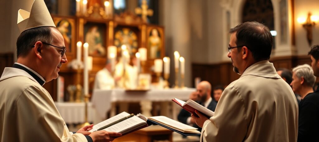 Uroczystość święceń kapłańskich w katedrze opolskiej z udziałem 'bpa' Andrzeja Czaji i dwóch nowych prezbiterów.