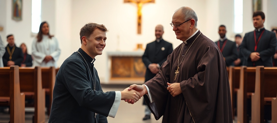 Młody mężczyzna Jan Siemaszko otrzymuje święcenia diakonatu w nowoczesnym kościele od biskupa Adriana Puta.