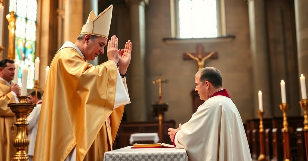 Święcenia prezbiteratu w Katedrze Sandomierskiej - biskup Krzysztof Nitkiewicz błogosławi diakona Przemysława Kotułę podczas uroczystej Mszy świętej
