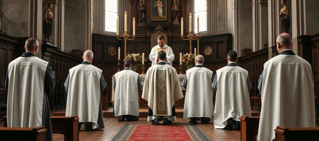 Obraz przedstawiający pięciu alumnów Wyższego Seminarium Duchownego w Radomiu podczas święceń diakonatu w katedrze radomskiej w maju 2026 roku. Scena jest poważna i tradycyjna, ale bez nadprzyrodzonego wymiaru.