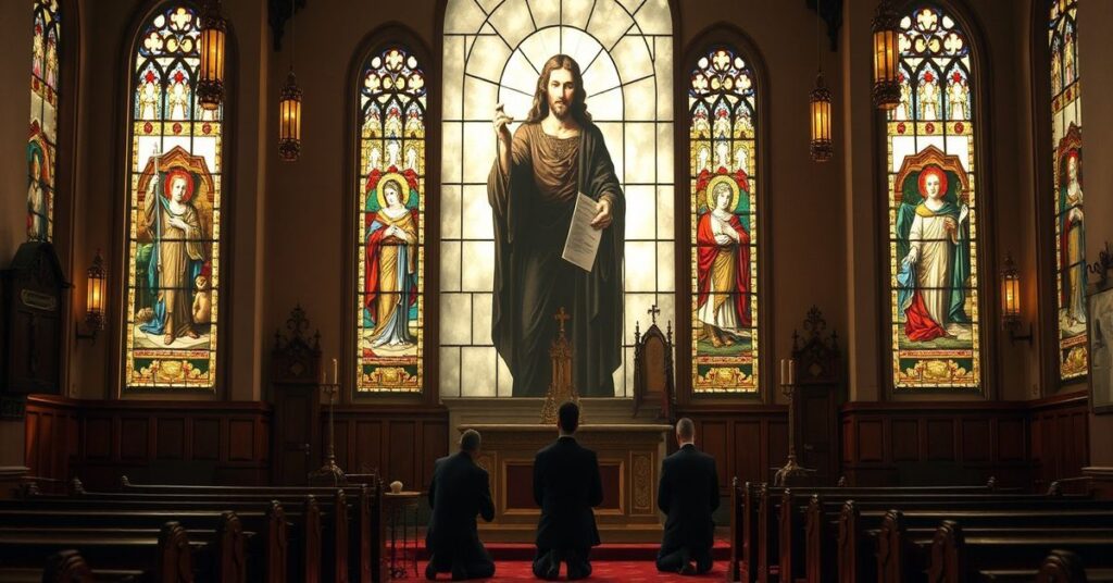 Wnętrze tradycyjnego kościoła katolickiego z grupą modlącej się osób i postacią reprezentującą uzurpatora Karola Nawrockiego