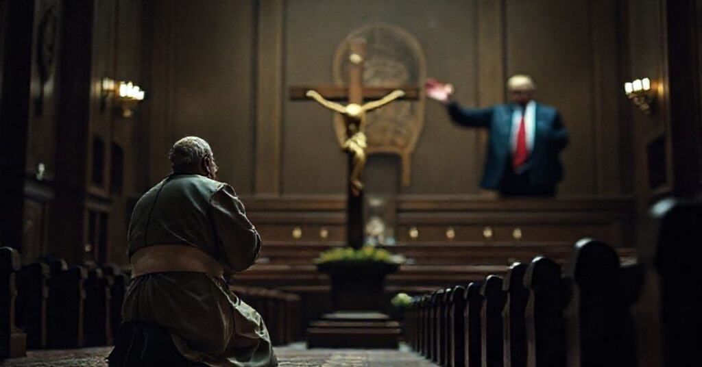 Ksiądz w tradycyjnych szatach modli się przed krzyżem w ciemnym kościele, na tle nieostrego obrazu Donalda Trumpa w Knesecie, podkreślając kontrast między pokorą a święckim mesjanizmem