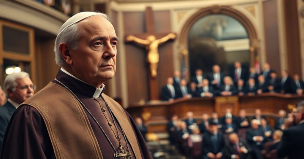 Ksiądz katolicki w tradycyjnych szatach kapłańskich stojący przed krzyżem, z troskliwym wyrazem twarzy. Na tle widać Donalda Trumpa mówiącego w Knesecie.