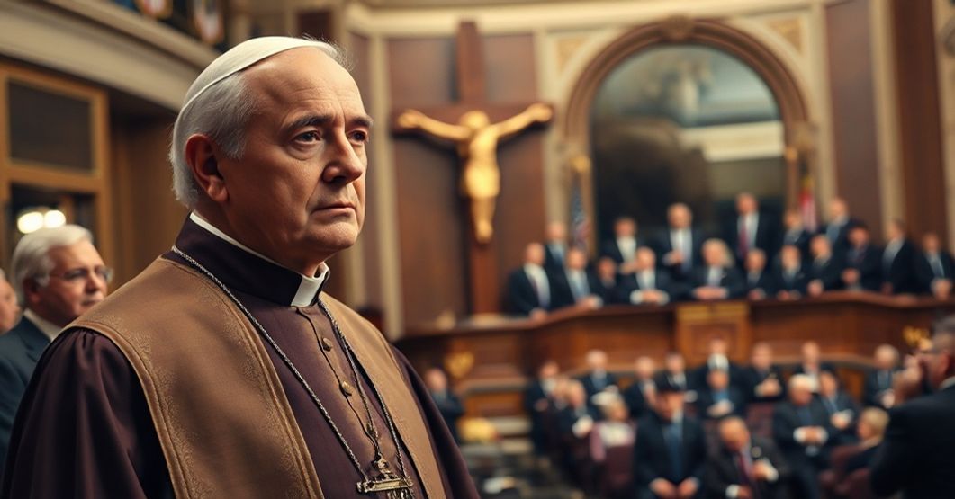 Ksiądz katolicki w tradycyjnych szatach kapłańskich stojący przed krzyżem, z troskliwym wyrazem twarzy. Na tle widać Donalda Trumpa mówiącego w Knesecie.