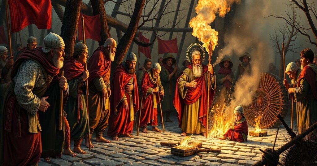 Wizerunek świętej Agaty z Katanii w chwili męczeństwa, pokłonionej przed krzyżem, otoczonej blaskiem.