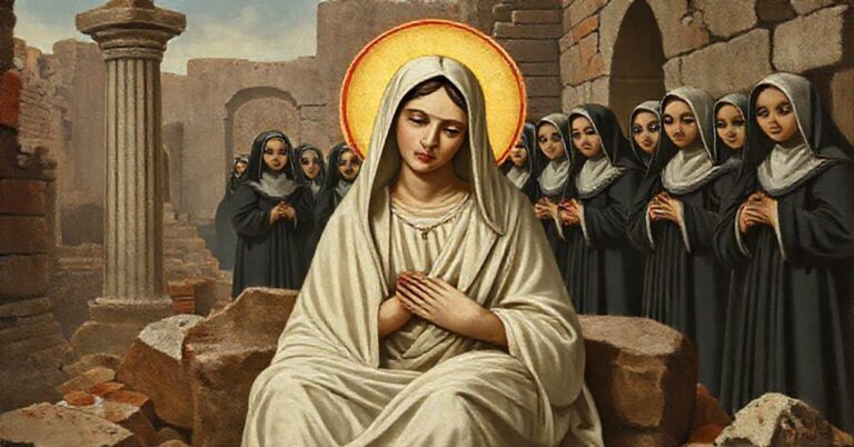 Święta Cecylia przedstawiona jako męczennica w tradycyjnym ikonograficznym stylu katolickim, otoczona ruiny rzymskimi z subtelnym oświetleniem wiary na jej twarzy.