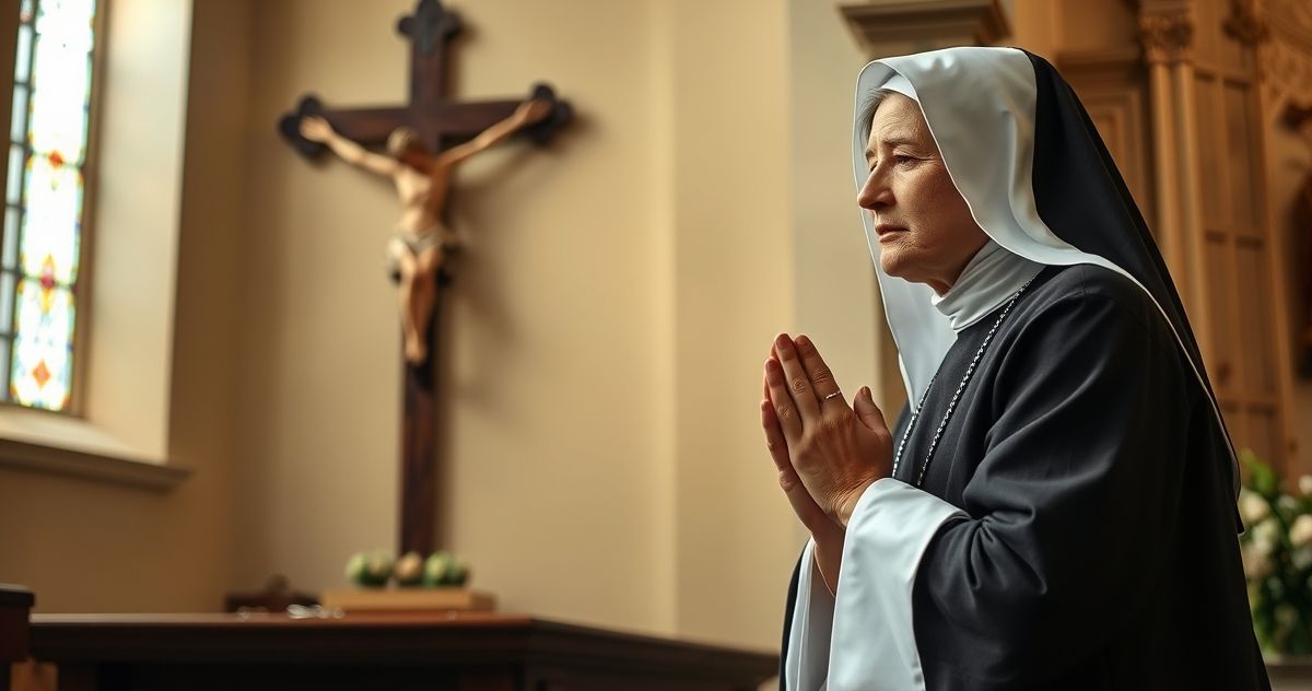 Realistyczny obraz św. Edyty Stein jako wiernej męczennicy, modlącej się w kościele przy krzyżu, ukazujący jej wiarę i oddanie religii katolickiej.