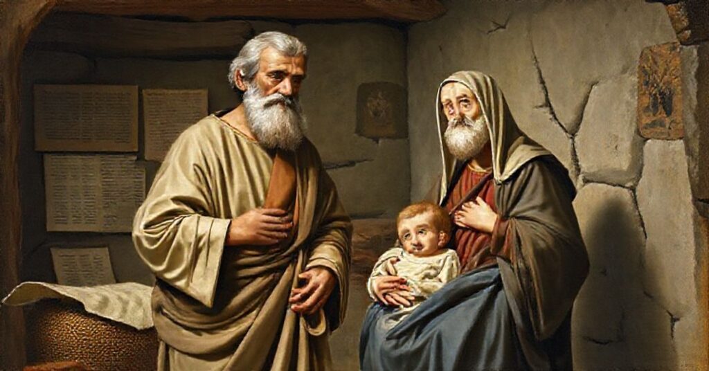 Tradycyjne malowidło przedstawiające świętego Józefa jako godnego starca obok Matki Boskiej i Dzieciątka Jezus w domku w Nazarecie. Scena podkreśla świętość Rodziny Świętej w ciepłym oświetleniu i poważnych wyrazach.