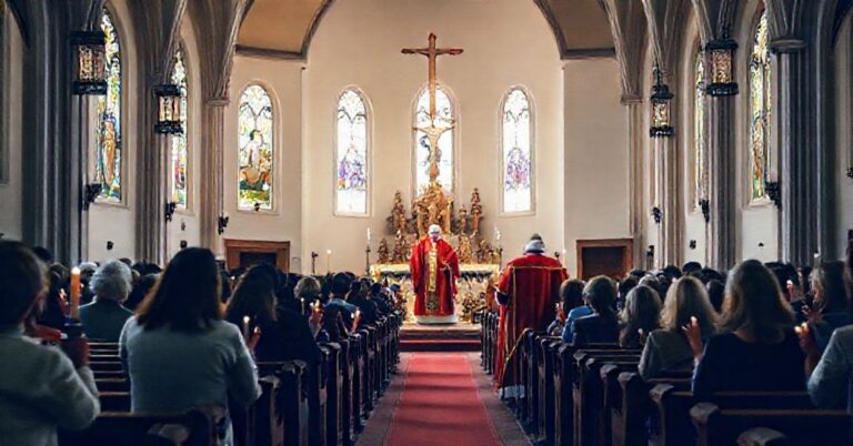 Wnętrze kościoła w Szczecinie podczas uroczystości ku czci Świętej Rodziny z biskupem w czerwonych szatach liturgicznych i modlącymi się wiernymi