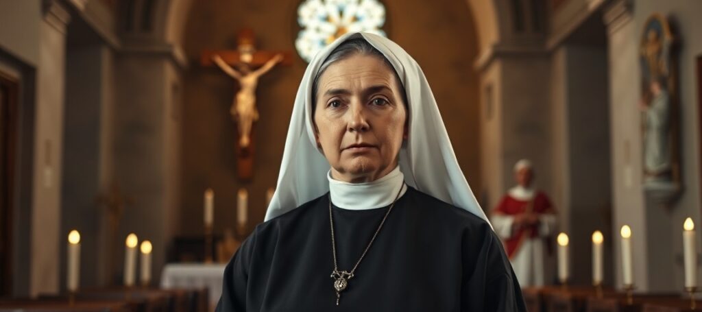 Portret świętej Urszuli Ledóchowskiej w tradycyjnym habitach urszulanek, stojącej w kaplicy z krzyżem i świecami. Tło sugeruje apostazję Kościoła posoborowego.