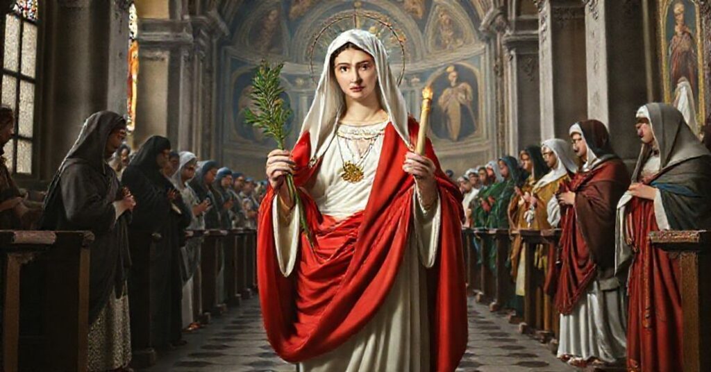 Zdjęcie przedstawiająca świętą Łucję, syrakusańską męczennicę w tradycyjnym stroju z białym welonem i czerwonym płaszczem męczennika trzymającą gałązkę palmową i świecę symbolizującą czystość w historycznym kościele sycylijskim z freskami innych świętych.