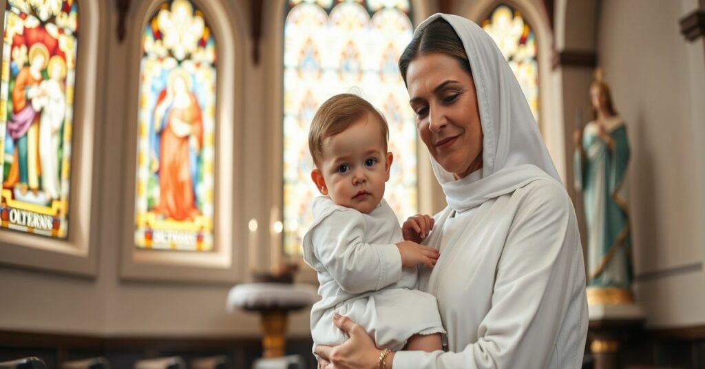 Kobieta w tradycyjnym stroju katolickim trzyma dziecko w kościele z witrażami przedstawiającymi Świętą Rodzinę