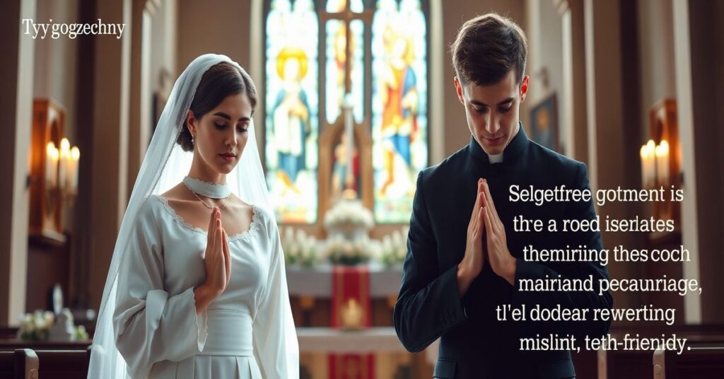 Para małżeńska w tradycyjnych strojach ślubnych modląca się przed ołtarzem w kościele