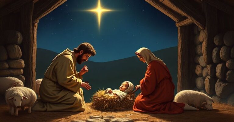 Scena tradycyjnie katolicka przedstawiająca Świętą Rodzinę w Betlejem. Józef i Maryja klękają w adoracji przed Dzieciątkiem Jezus w stajence. Na tle widoczni są pasterze i gwiazda Betlejemska na nocnym niebie.