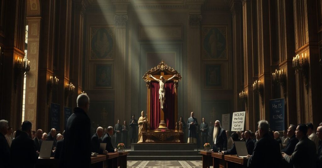 Sobór Watykański w półmroku z przerwanym krzyżem i dokumentami w tle