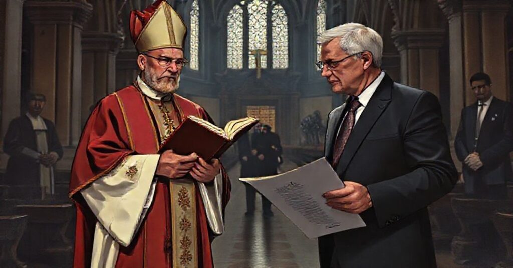 Katyński biskup w tradycyjnym stroju liturgicznym w katedrze, patrząc na współczesnego adwokata z dokumentem TSUE, symbolizując walkę prawdziwej sprawiedliwości z fałszywymi standardami