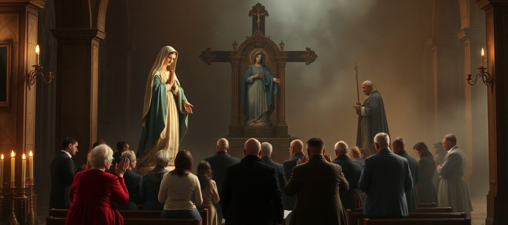 Obraz przedstawiający tradycyjną katolicką czcicielkę Najświętszej Maryi Panny jako prawdziwej Matki Kościoła w kontrastie z nowoczesnymi zniekształceniami sekty posoborowej.