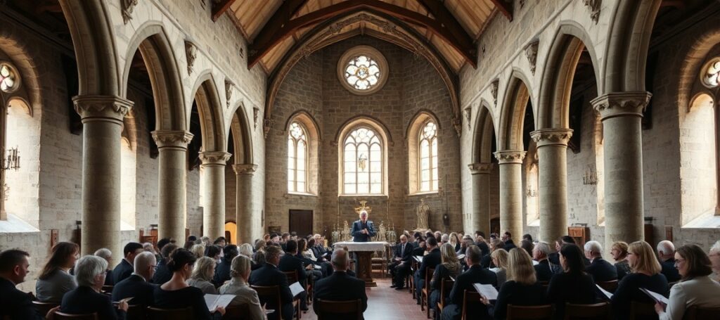 Grupa śpiewaków uczestniczących w Świętokrzyskich Warsztatach Liturgicznych w opactwie cysterskim w Wąchocku pod kierunkiem Urszuli Rogali i Krystiana Neściora.