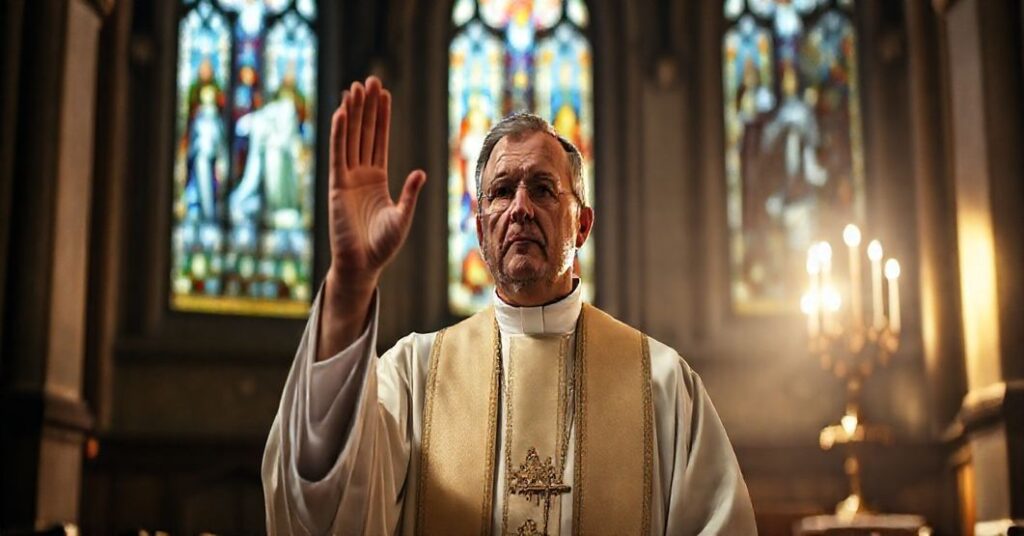 Tradycyjny katolicki ksiądz w pełnym stroju liturgicznym, stojący w świątyni z podniesionymi rękoma w błogosławieństwie, otoczony stylizowanymi elementami kościelnymi.