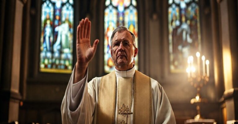 Tradycyjny katolicki ksiądz w pełnym stroju liturgicznym, stojący w świątyni z podniesionymi rękoma w błogosławieństwie, otoczony stylizowanymi elementami kościelnymi.